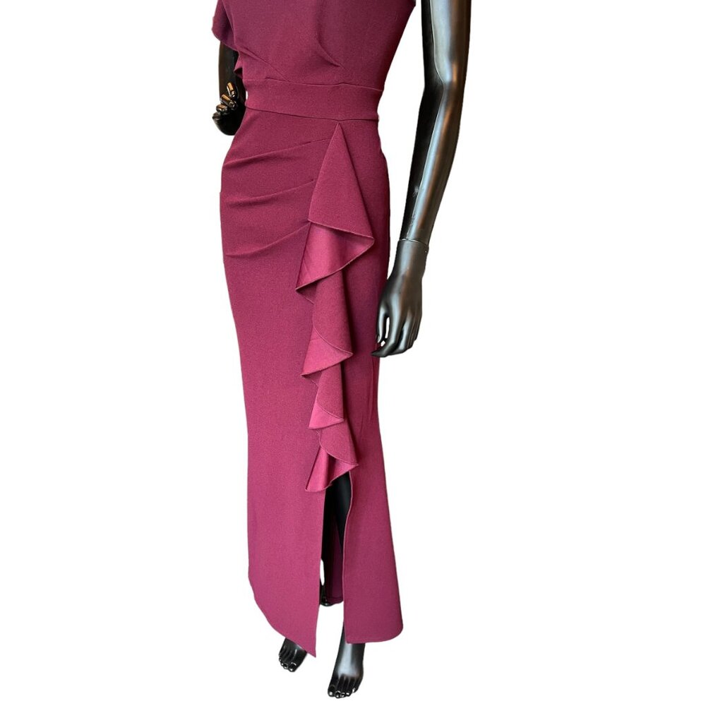 Maroon Cap Sleeve Side Ruched Formal Gown - Picture 3 of 5